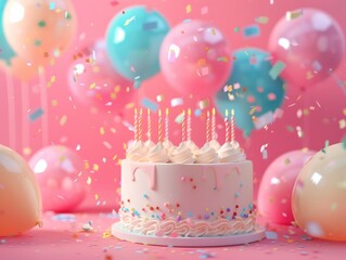 Beautiful happy birthday Background With Balloons cake Generative Ai