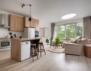 Fototapeta premium Stylish spacious kitchen and living room with refrigerator and washing machine overlooking cozy dining area 