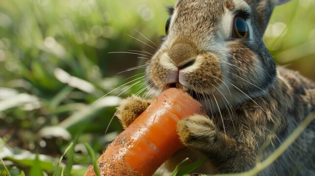 Cute bunny eating a carrot in the garden