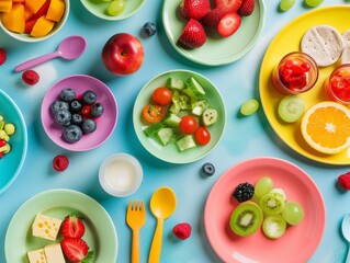 top view of a table with dishes for children, healthy nutrition for a child, kids children eating vegetables