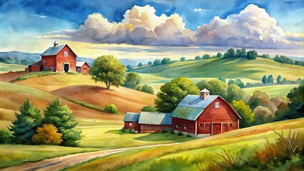 Scenic watercolor painting of a countryside landscape with red barns, rolling hills, and a serene sky