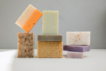 Handmade soap from natural ingredients, various herbs. Concept of sustainable use, bath products....