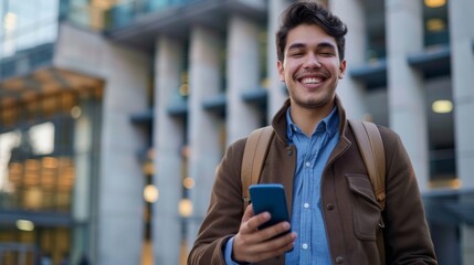 Obraz premium Young successful businessman walking in the city outside office building, hispanic smiling happy with achievement results