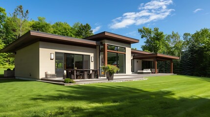 Exterior image of a contemporary home with flat roof and brown trim and lush green grass blue sky forest in the background furnished patio for outdoor dining and lounging : Generative AI