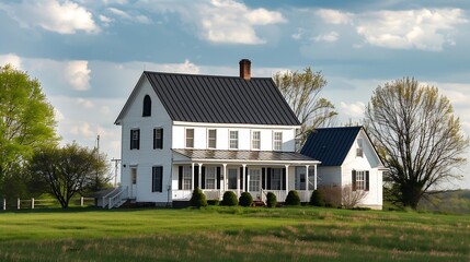Obraz premium Beautiful white farm house with black roof near Milford Delaware USA : Generative AI