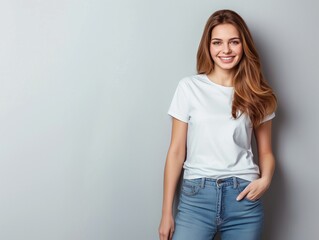 Obraz premium Portrait of beautiful woman in jeans and T-shirt hold hands in pockets. Caucasian female model with long hair isolated