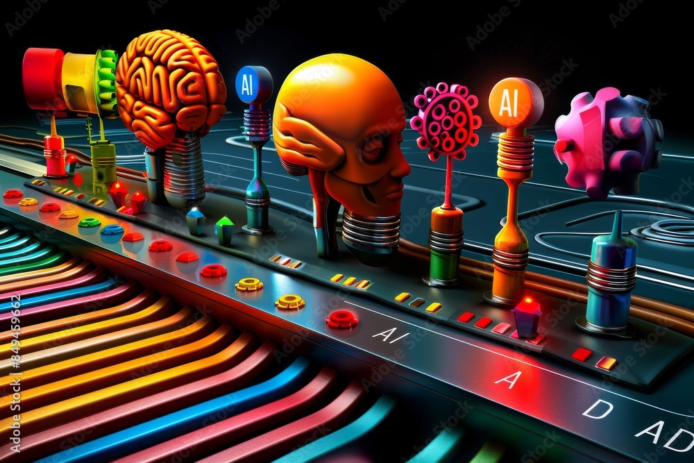 Poster surreal ai chess game depicting strategy and intelligence with colorful, mind bending visuals and ro