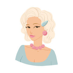 Retro blonde woman in flat colorful style with beautiful jewelry. Cartoon illustration with 50s haircut. Hand drawn vector illustration. Design for beauty salon, cosmetic products, print, web. 