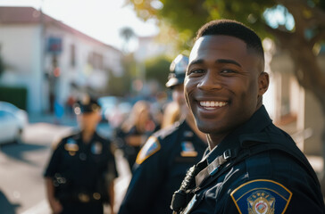Smiling police officer in uniform standing outdoors, community setting with blurred background, showing a sense of safety and friendliness