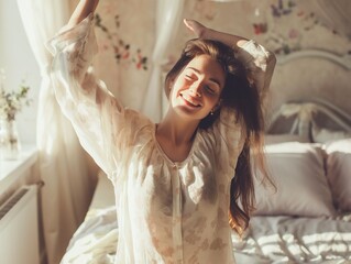 Fototapeta premium Happy young woman stretching in bed waking up alone happy concept, in cozy comfortable bedroom, enjoy good morning