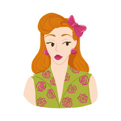 Retro red head woman in flat colorful style. Cartoon illustration with 50s haircut. Hand drawn vector illustration. Design for beauty salon, cosmetic products, print, web. 