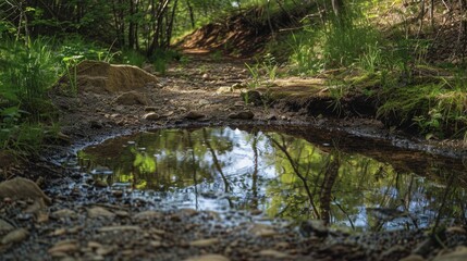 Fototapeta premium Resembling a riverbed entrance a small body of water on a hiking path