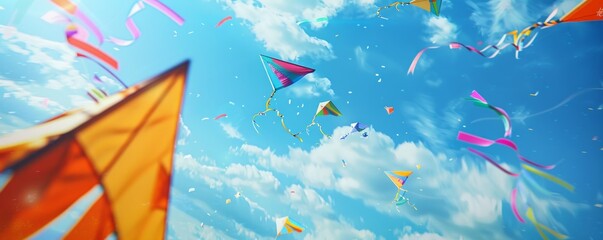 Family flying kites for National Kite Flying Day, colorful kites soaring in the blue sky, 4K hyperrealistic photo.