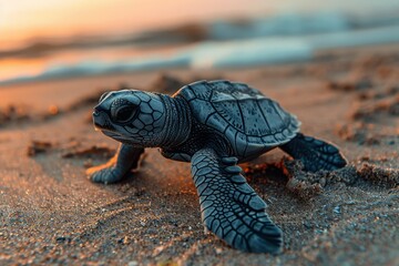 Obraz premium Baby Turtle: A small baby turtle, crawling on the sandy beach towards the ocean. 