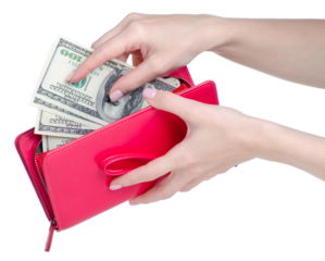 Hand holding wallet with money dollars on white background isolation