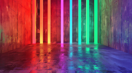Colorful Stripes Concrete room with vibrant neon stripes in red, green, and blue, casting colorful reflections.