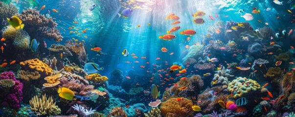 Colorful coral reef teeming with exotic fish and marine life, 4K hyperrealistic photo