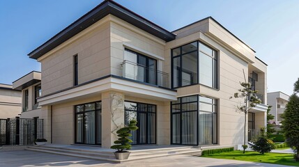 House or Villas Villas with Cream color Exterior view of 02 story house with modern design and having black glass windows : Generative AI