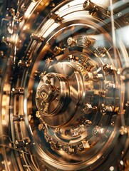 Financial security concept. A detailed close-up of a bank vault door with intricate locking mechanisms and golden tones, suggesting impenetrability and the secure protection of assets.