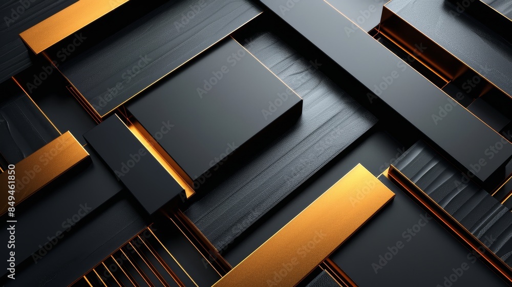 Aufkleber 3d render of a modern background with abstract black and gold geometric shapes, featuring sharp angl