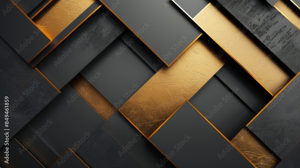 Aufkleber 3d render of a modern background with abstract black and gold geometric shapes, featuring sharp angl