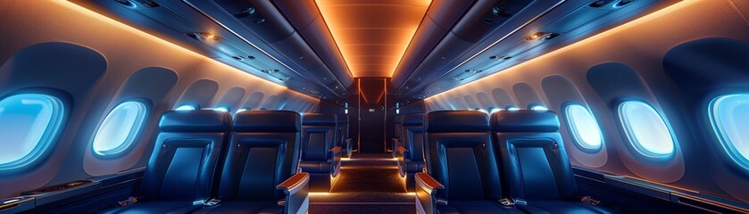 Interior of a commercial airplane with blue leather seats and warm, ambient lighting from overhead panels, detailed view of the seating arrangement and sleek design, bright and modern cabin setting, P