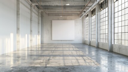 Obraz premium A white square frame on the wall of a spacious industrial warehouse, concrete floors, high ceilings, sunlight streaming through large windows, minimalist ambiance