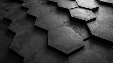 Abstract hexagonal tile layout, minimalist black and grey texture, top view, smooth surfaces, modern design elements