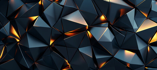 Reflective Facets Abstract background with reflective facets of black metallic polygons creating dynamic light effects.