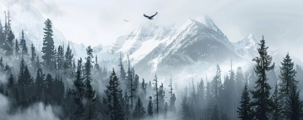 Rocky mountain peak shrouded in mist with a lone eagle soaring overhead, 4K hyperrealistic photo