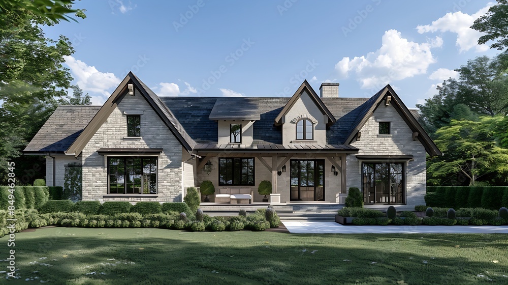 Poster the front view of a home with a yard : generative ai