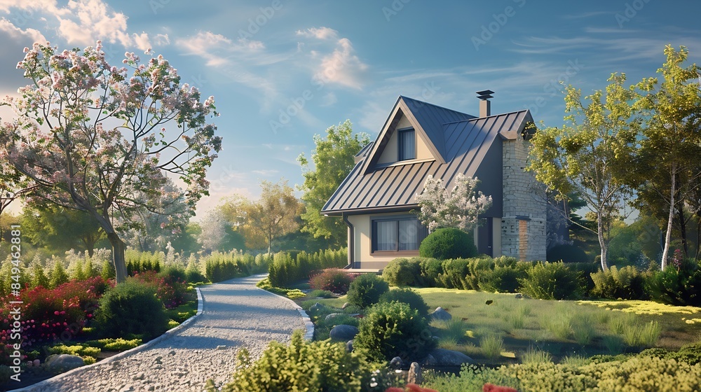 Poster a small barnhouse house on a plot with a path trees and bushes under a blue sky : generative ai