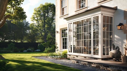 UK house exterior with wooden casement window and white wall rendering : Generative AI © The Little Hut