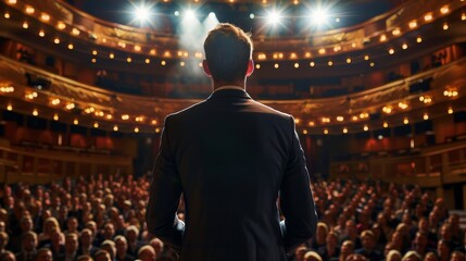 Obraz premium Businessman addressing a large audience in a grand theater, detailed view from behind, emphasizing the speaker's confident posture and the audience's engagement
