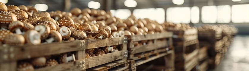 Detailed view of crates packed with mushrooms in a warehouse, focus on the speckled caps and white stems, organized rows of wooden crates under clean and bright lighting, Photorealistic, Highresolutio