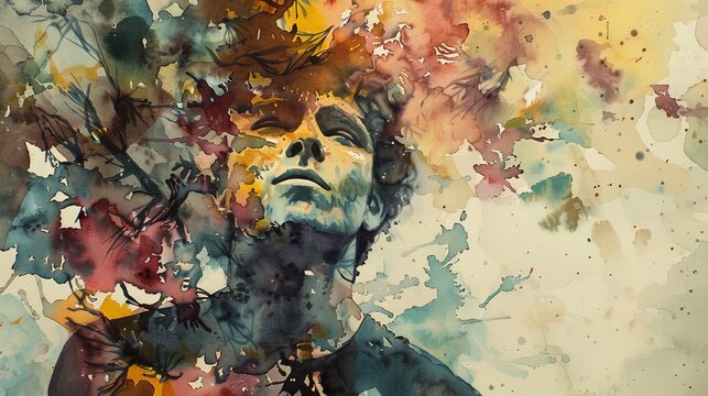 Artistic watercolor painting of a dreamy individual surrounded by abstract floral elements and soft, colorful splashes.
