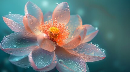 Fototapeta premium Brightly colored flower with dew, showing detailed petals and a glowing center, against a subtle teal background