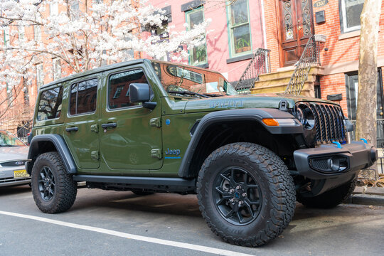 New York City, USA - March 31, 2024: 2021 Jeep Wrangler Unlimited Rubicon 392 car parked outdoor, corner view