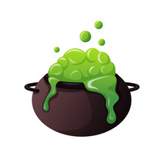 Witch Halloween cauldron with green potion in cartoon. Boiling magic brew design for October holiday. Vector illustration isolated on a white background.