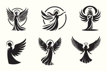 Obraz premium Set of Black and White Angel silhouettes vector illustration. logo designs