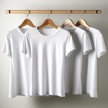Una hilera de camisas blancas colgadas de un perchero. Las camisas son todas del mismo color y est&aacute;n perfectamente colgadas. Concepto de orden y organizaci&oacute;n, as&iacute; como sensaci&oacute;n de uniformidad y senci