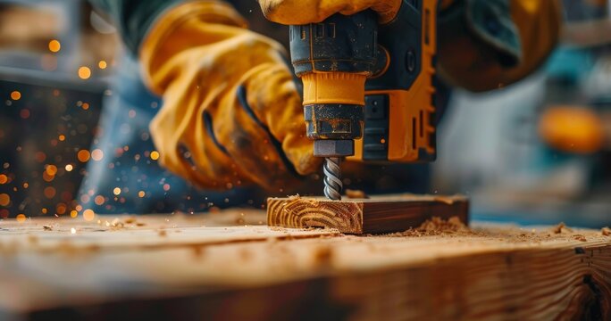 A carpenter is using an electric drill to drill into wood to build a house