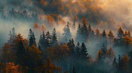 Misty Forest Morning. A mysterious misty forest in the early morning, light beams filtering through dense trees creating beautiful shadows and highlights