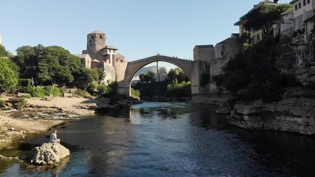 Aerial video of the city of Mostar, the old bridge, Bosnia and Herzegovina