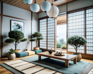 Fototapeta premium A Japanese-style room with a large window and a view of the ocean