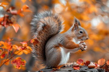 Fototapeta premium A bushy-tailed squirrel holding an acorn, sitting on a tree branch. The background shows autumn leaves in vibrant colors 