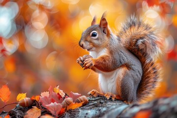 Obraz premium A bushy-tailed squirrel holding an acorn, sitting on a tree branch. The background shows autumn leaves in vibrant colors 