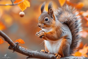 Obraz premium A bushy-tailed squirrel holding an acorn, sitting on a tree branch. The background shows autumn leaves in vibrant colors 