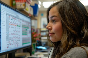 Focused female receptionist in her 20s at a clinic, working on a computer with a detailed appointment calendar