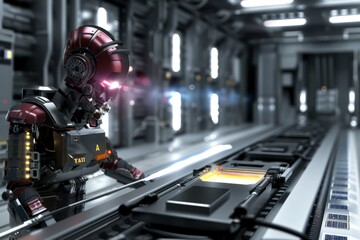 Fototapeta premium AI powered robotic arm performing tasks in high tech facility, emphasizing the integration of robotics in industry.